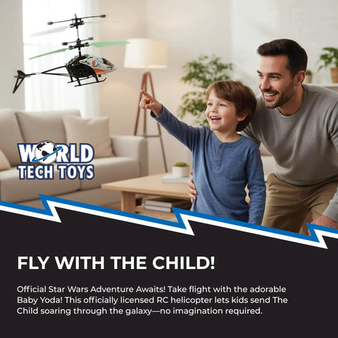 Father and son flying Baby Yoda RC Helicopter Toy For Kids 8 And Up Easy Fly Remote Control Copter indoors, smiling on couch.