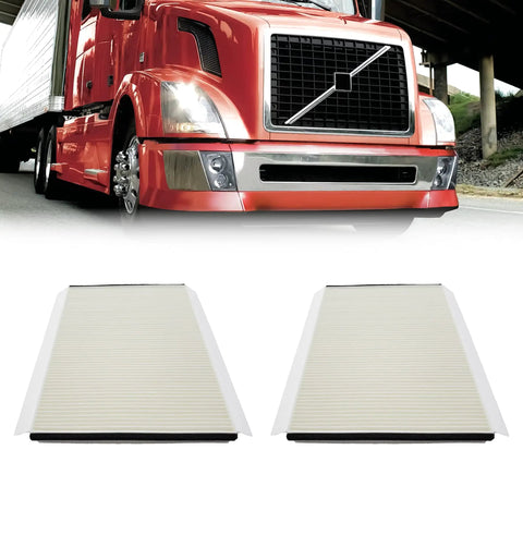 Two-pack cabin air filter for Volvo VNL Trucks 2002 and up, shown below a red truck, fits models 780 760 860 670 630 VN 780 670 VH VHD VNM