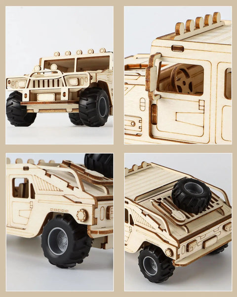 Off Road 3D Wooden Puzzle Car Kit For Adults, Easy To Build SUV Model With 65 Pre Cut Pieces, DIY Wood Toy For Builders, Realistic Detail And Fun Challenge, 4-view wooden SUV model with black tires