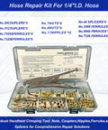 Front view of hose repair kit 1/4 in. I.D., 58-piece with crimping tool and brass fittings in case, Amazon