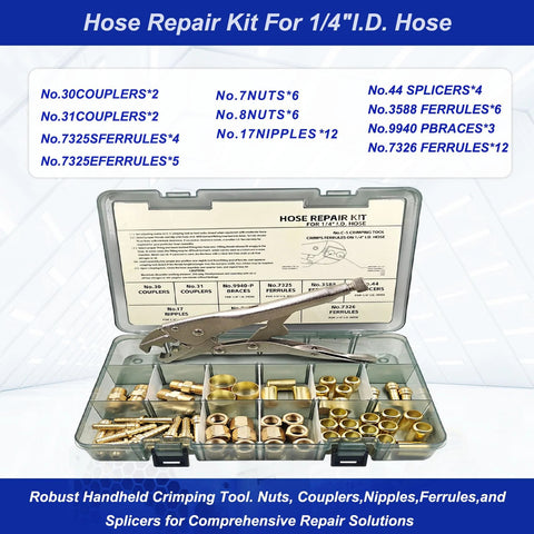 Front view of hose repair kit 1/4 in. I.D., 58-piece with crimping tool and brass fittings in case, Amazon