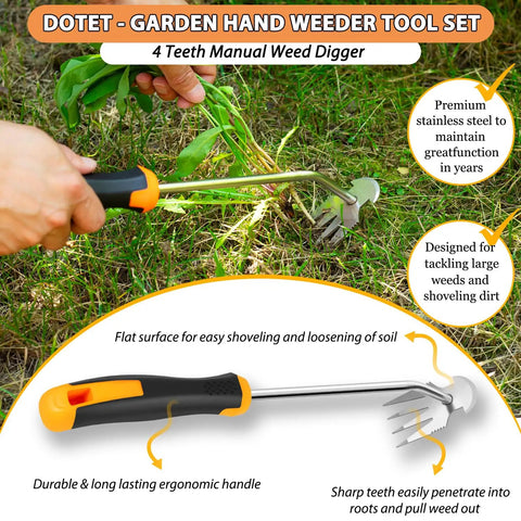 Four teeth weed puller with rubber handle in Three Piece Garden Weeder Set With Rubber Handles Hand Held Uprooting Tools