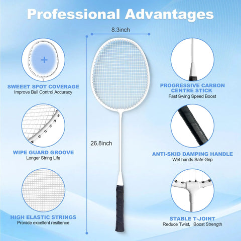 Portable Badminton Set With Anti Sag Net System Pro Grade Regulation Size 20 Foot By 5 Foot Easy Setup Durable Outdoor Net Includes 4 Rackets 3 Shuttlecocks 6 Poles And Carry Bag For Backyard Beach Park Family Fun showing badminton racket features