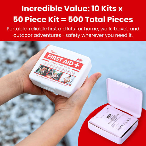 Front view of white mini first aid kit labeled FIRST AID, 50 pcs, held in hand; open kit on red surface nearby.