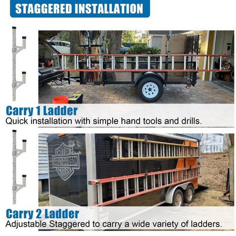Aluminum Side Mount Ladder Rack For Open And Enclosed Trailers Heavy Duty Wall Mount Carrier For Ladders And Gear With Adjustable Brackets Easy Install Secure Transport On Vans Box Trucks And Trailers shown carrying 1 and 2 ladders