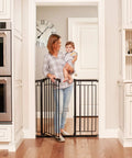 Multi-Use Tall Walk-Thru Baby Gate In Black Metal, Pressure Mount Or Hardware Mount Options, adjustable 28 to 48 inches, in doorway