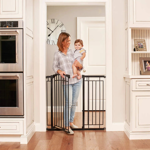 Multi-Use Tall Walk-Thru Baby Gate In Black Metal, Pressure Mount Or Hardware Mount Options, adjustable 28 to 48 inches, in doorway