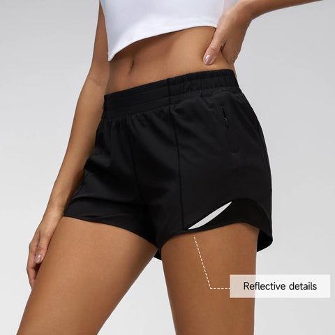 Women's Low Rise Running Shorts With Mesh Lined Built-In Liner, Quick Dry Workout Short With Zip Pocket, 4 Inch Inseam, Black