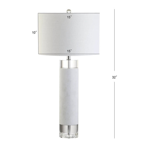 32 Inch White Marble And Crystal LED Table Lamp With Linen Shade, Sleek Modern Cylindrical Bedside Lamp For Living Room And Bedroom, LED Bulb Included, ETL Listed, showing full frontal view of lamp.