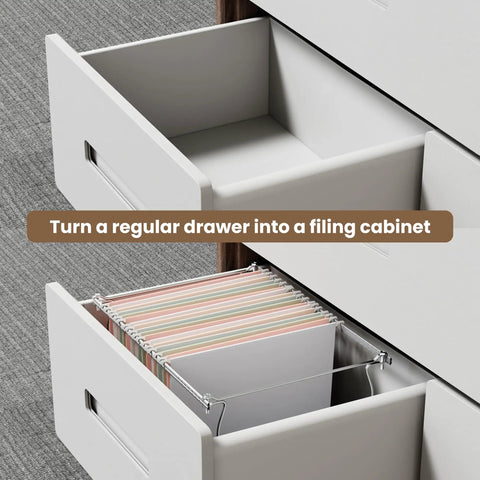 Top Shelf Letter Size Hanging File Folder Frame Slick Desk Organizer With No Hassle Adjustable Cabinet Rails For Crisp Office Storage Heavy Duty Build Quick Setup Keep Papers Neatly Secured with hanging files in white drawer.