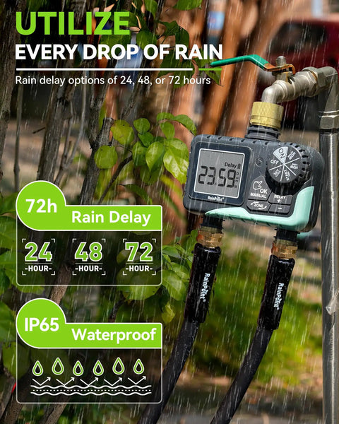Two Zone Sprinkler Timer With Brass Inlet And Outlet For Garden Hose All In One Watering System in outdoor rain setting