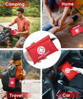 PTEROMY red mini first aid kit with white cross logo; zippered, portable pouch for car, travel, camping, and home.