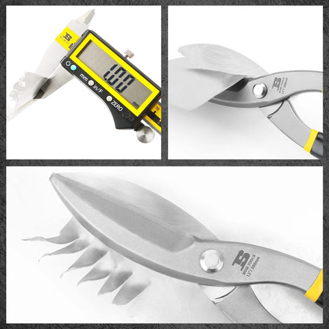 Tin snips, 12-inch flat-blade metal cutters with drop-forged carbon steel blades and rubber-dipped handles.
