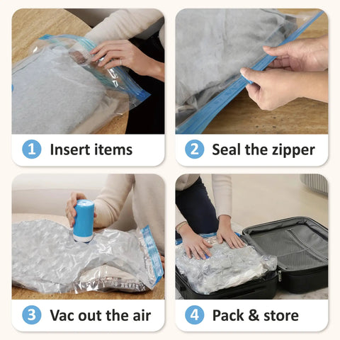 Steps to use Rechargeable Cordless Vacuum Storage Bags With USB Pump for Travel Space Saving Luggage Bags for Clothes