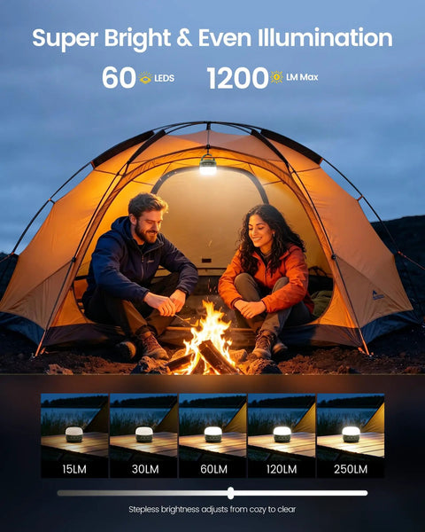 Rechargeable Camping Lantern With 5000mAh Battery, 400 Hour Runtime illuminating a tent at night with people inside