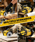 Badass Cordless Cut Off Tool With Brushless Motor And Variable Speed cutting wood, plastic, ceramic, and metal in a workshop.
