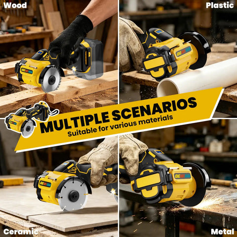 Badass Cordless Cut Off Tool With Brushless Motor And Variable Speed cutting wood, plastic, ceramic, and metal in a workshop.