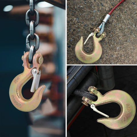 Ten Pack Five Sixteenth Inch Forged Steel Clevis Slip Hooks With Safety Latch For Towing And Winch Heavy Duty G70 Clevis Grab Hooks Two Ton Capacity Opening Approximately Zero Point Seven Inches Corrosion Resistant in use