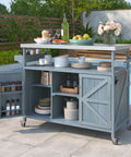 Outdoor Grill Cart With Storage And Rolling Bar Cart, Lockable Wheels, Farmhouse Style Solid Wood Kitchen Island in Grey Blue
