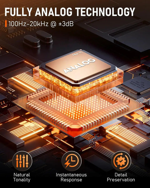 Close-up of circuit board promoting Compact 10W Guitar Amp With Clean And Drive Channel USB C Rechargeable Wireless Portable Practice Amp
