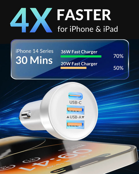 70W 3 Port Fast Car Charger With USB C PD And USB A QC Quick Charge For iPhone 14 13 12 11 Pro Max Mini SE XR X 8 7 6 Plus And iPad