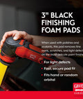 Three Inch Pro Grade Black Foam Finishing Pads For Car Polishing And Detailing in use on a yellow car for paint correction.