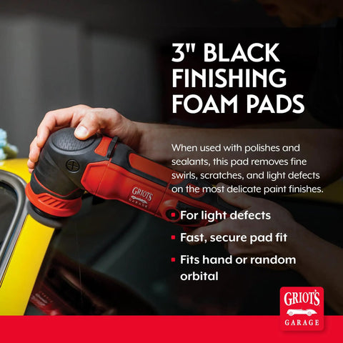 Three Inch Pro Grade Black Foam Finishing Pads For Car Polishing And Detailing in use on a yellow car for paint correction.