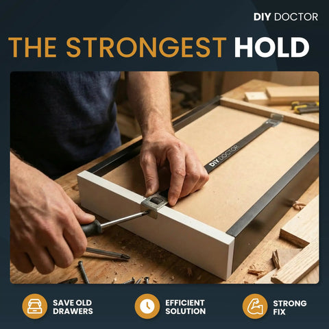 Person installing Drawer Repair Kit Easy Fix For Sagging Buckled Drawers 3 Pack Reinforcers to Strengthen Cabinets and Office Drawers Quick Setup No Fuss Prevents Drawer Collapse Under Heavy Loads on a wooden drawer.