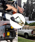 Two Pack 2 Inch Endless Ratchet Straps, 20 Feet Long, securing motorcycles and trucks, image collage.