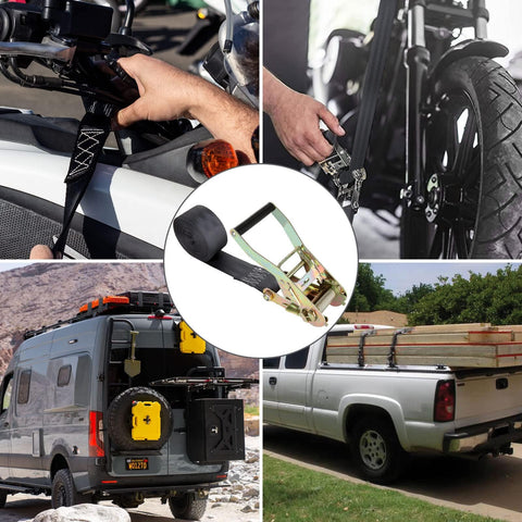 Two Pack 2 Inch Endless Ratchet Straps, 20 Feet Long, securing motorcycles and trucks, image collage.