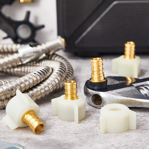 Four Pack One Half Inch PEX Female NPT Swivel Elbow Adapters Brass Crimp Fittings For Sink Faucets And RV Plumbing Water Lines Heavy Duty Brass And Plastic Construction Easy Install And Long Life, close-up on fittings