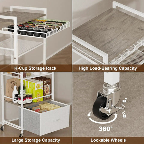 Modern White Coffee Bar Cabinet On Wheels With Ample Storage And Drawer 5 Tier Coffee Station Cart showing K-Cup rack and lockable wheels