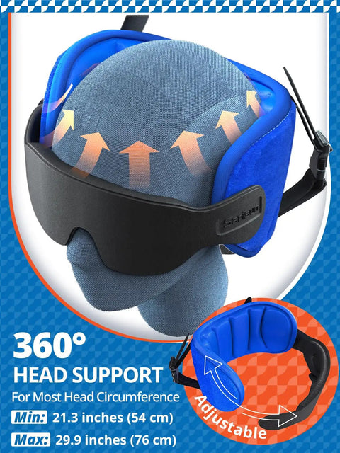 Travel Pillow for Airplanes and Cars with Built In Eye Mask, 360 Degree Neck Support Headrest showing adjustable head support