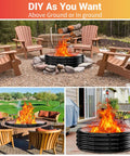 60 Inch Extra Large Fire Pit Ring For Outdoors with chairs and fire glowing, portable galvanized steel for camping.