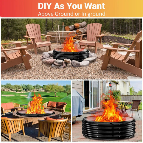 60 Inch Extra Large Fire Pit Ring For Outdoors with chairs and fire glowing, portable galvanized steel for camping.