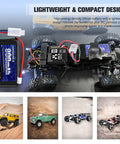 Beefy 7.4V LiPo Battery 2S 30C Burst 60C 900mAh With PH2.0 Plug inside RC truck, showing lightweight compact design details