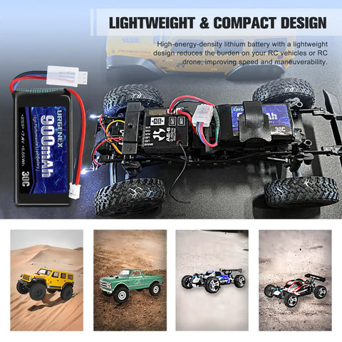 Beefy 7.4V LiPo Battery 2S 30C Burst 60C 900mAh With PH2.0 Plug inside RC truck, showing lightweight compact design details