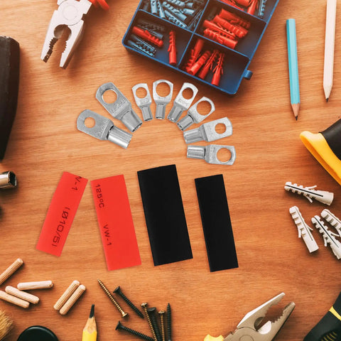 Secure Battery Terminal Connectors Kit With Tinned Copper Wire Lugs And Polyolefin Heat Shrink Tubing For Reliable Automotive and Diy Electrical Connections That Hold Tight Without Failing, ring lugs and shrink tubing on wood