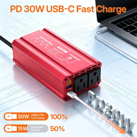 Heavy Duty Car Power Inverter Dc 12V To Ac 110V With Pd Fast Charging Dual Usb Ports and Two Standard Outlets on a table.
