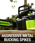 Close-up of 80V Brushless Cordless Chainsaw With 18 Inch Bar And Smart Auto Oiler showing aggressive metal bucking spikes.
