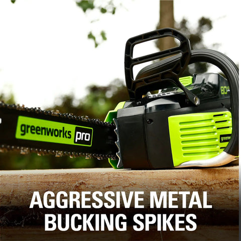 Close-up of 80V Brushless Cordless Chainsaw With 18 Inch Bar And Smart Auto Oiler showing aggressive metal bucking spikes.