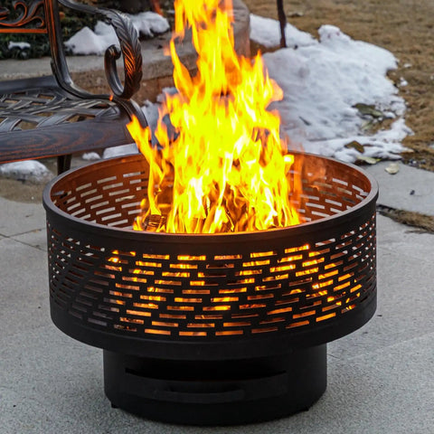 26 Inch Wood Burning Fire Pit Table With Grill And Lid For Backyard BBQs And Bonfire Nights, outdoor flames glowing.