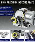 Heavy Duty Dividing Head Kit Featuring Rock Solid Rotary Indexing Slick 3 Jaw Chuck Tailstock And Precision Plates For Any CNC Mill Drill Or Grind Shop Project, close-up of indexing plate with three-jaw chuck.