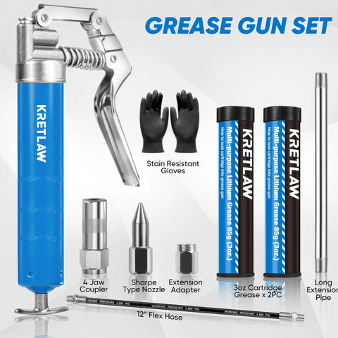 KRETLAW mini grease gun set with blue handle, 12-inch flex hose, two 3oz grease cartridges, adapters, and gloves