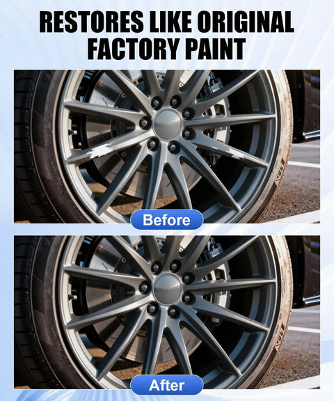 Before and after comparison of Pro Shop Gloss Gray Rim Repair Kit For Scuffed Street Whips And Curb Rash With Durable Waterproof Paint.