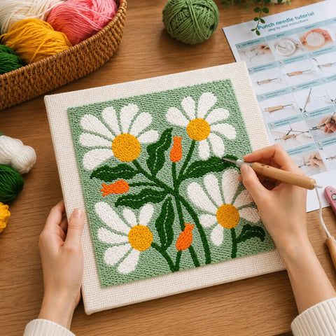 Person using a punch needle tool on a 9.8-inch frame with a daisy design, part of a Beginner Punch Needle Kit With 9.8 Inch Frame, All In One Yarn Craft Set For Adults, Includes Punch Needle Tool, Scissors, Colorful Yarn And Simple Instructions, Green.