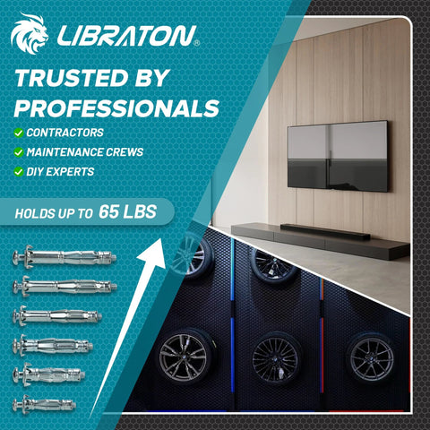 Molly Bolts For Drywall And Plaster Walls Set Includes 30 Heavy Duty Hollow Wall Anchors In Six Sizes And A Pro Setting Tool Holds Up To 65 Lbs For TV Shelf And Mirror Mounting On Hollow Walls, showing wall anchors and TV mounted on drywall.