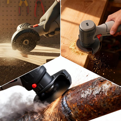Beast Of A Brushless Cordless Angle Grinder Kit With 19500 RPM Dual 16.8V 2000mAh Batteries 6 Cutting Discs in use on wood and metal