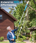 Man using All-In-One Cordless Pole Saw And Hedge Trimmer Kit with 8-Inch Chainsaw, extended 15ft to prune tree branches