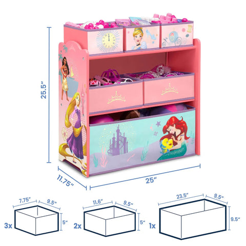 Disney Princess Six Bin Toy Storage Organizer For Kids, Fun Colorful Toy Bin With Princess Graphics, Safe, Sturdy Playroom Organizer For Ages 3 Plus To Tidy Up Messy Rooms